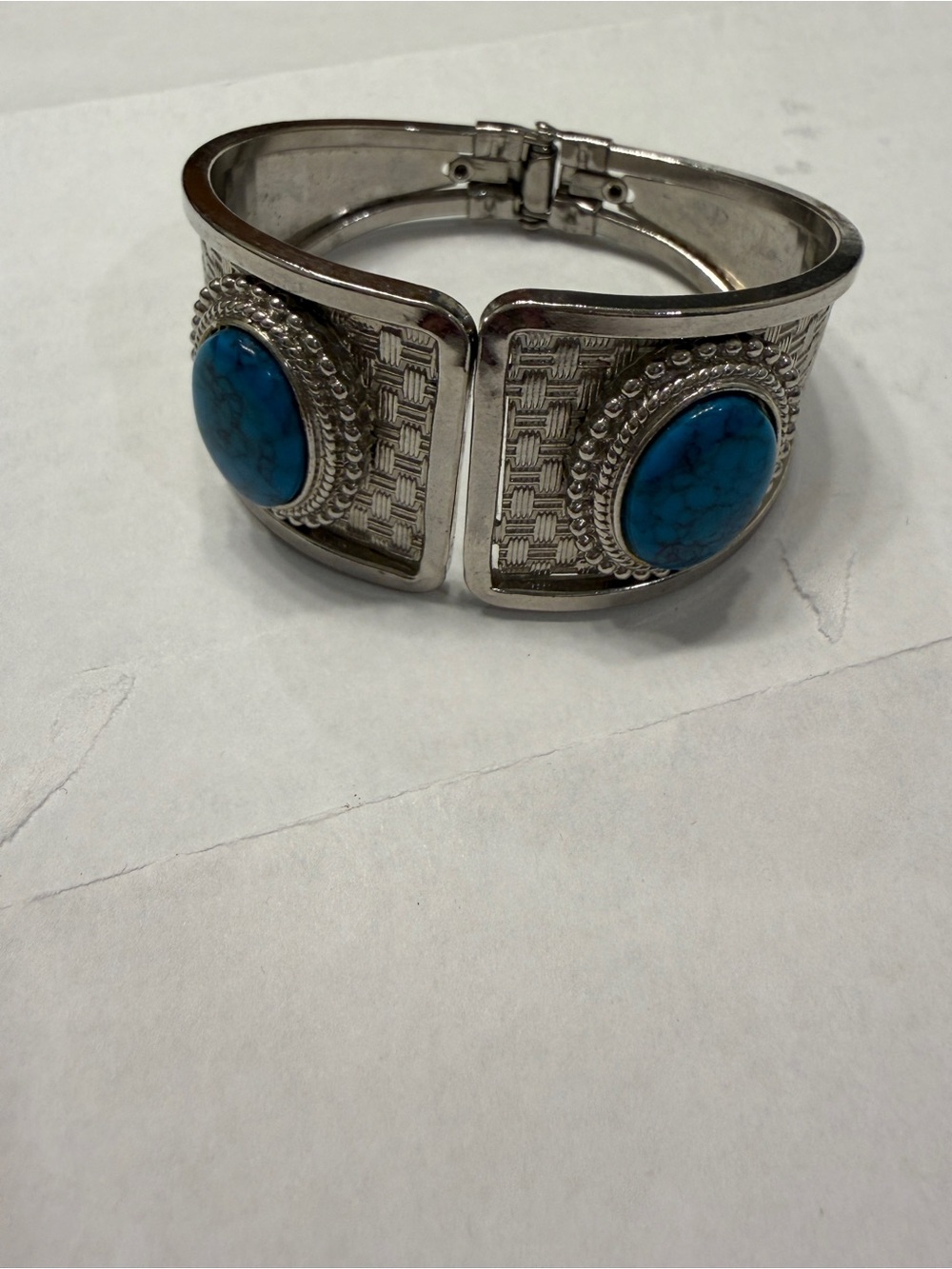 Turquoise Accent Silver-Tone Hinged Cuff Bracelet